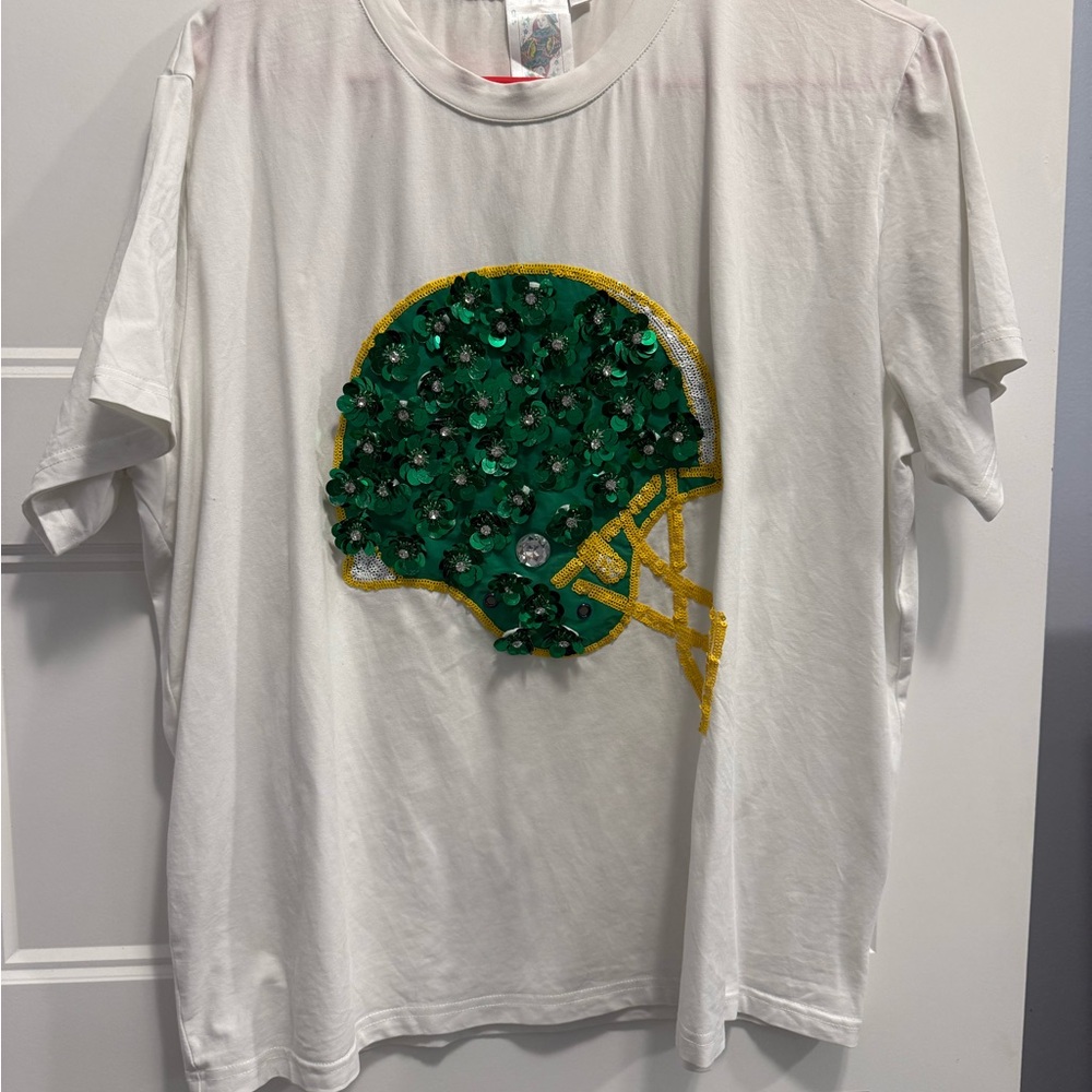 Queen of sparkles White T-Shirt with Green and Yellow Helmet Design
